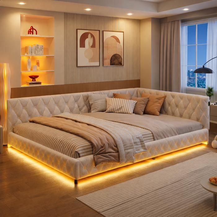 Lit double 140x200 avec sommier LED et USB Tpye C Canapé-lit enfant avec tête de lit Lit banquette 2 Personnes Velours teddy