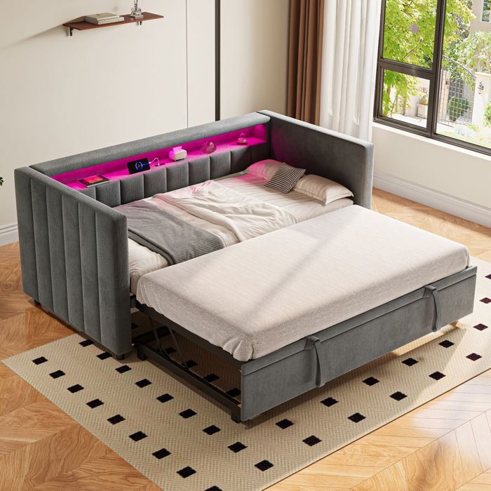 Canapé‑lit extensible - SOGEU - Canapé gigogne 90x190 - Rangement intégré - Velours gris - LED intégrée & USB‑C