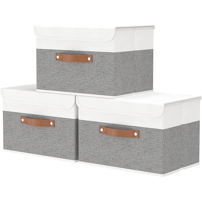 Boîte Range pour Vêtement 45 x 30 x 30 cm Paniers de Rangement Pliables avec Couvercles et Extra Large(3-Pack) Blanc/Gris