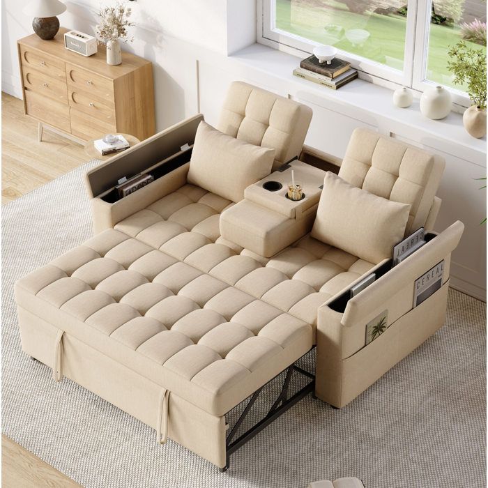 Canapé convertible 2 places beige avec rangement accoudoirs et dossier réglable en tissu coton lin