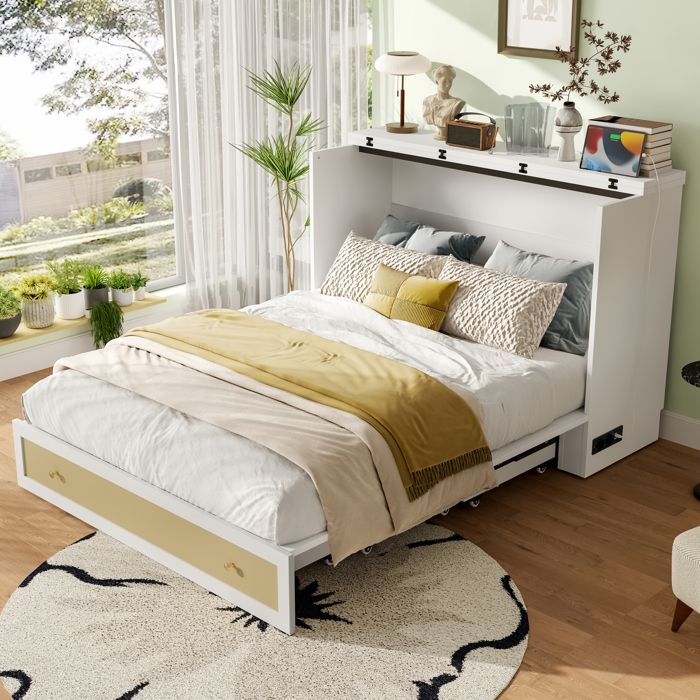 Lit Escamotable 140 x 200 cm avec Bureau Modulable 2 Tiroirs et Lit Double avec Ports USB MDF Sans Matelas Blanc