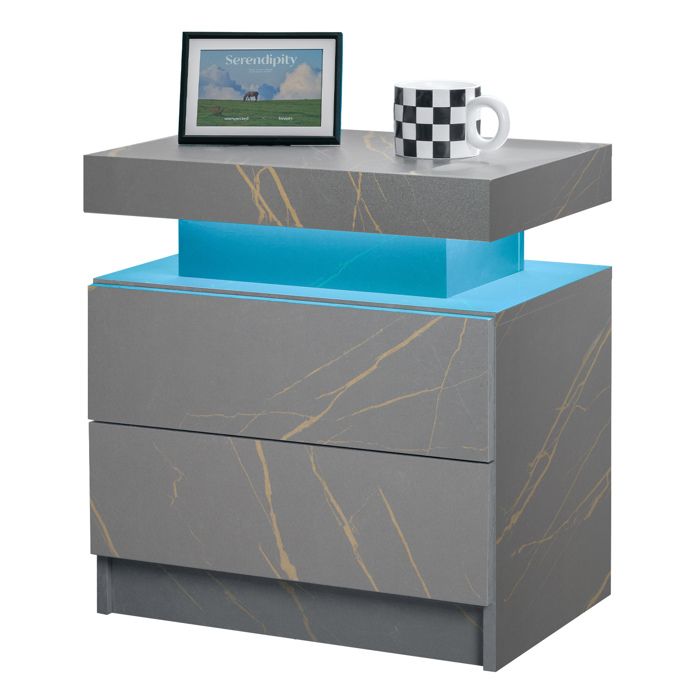 Meuble de chevet moderne gris or avec LED et 2 tiroirs table de nuit pour chambre