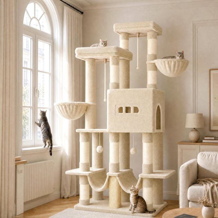 Arbre à Chat 176 cm 2 Grandes Grottes 9 Poteaux à Griffer en Sisal 2 Hamacs Pompons Convient aux Chats Maine Coon Beige