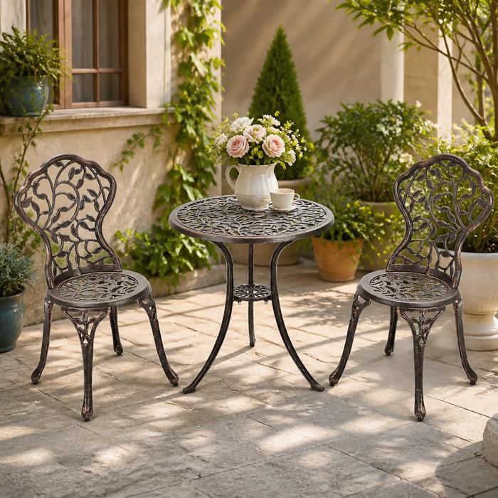 Ensemble bistro 3 pièces - PAGE LIVING - Fonte alu - Cuivre antique - Ø60 cm - 2 chaises ergonomiques