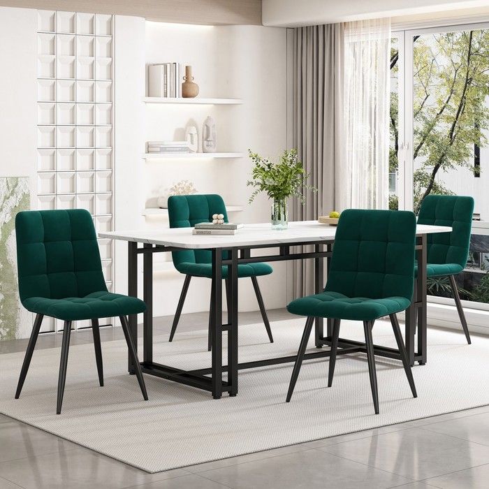 Ensemble salle à manger - MINIMAL - 140x80cm - Table MDF noire - 4 chaises velours vert foncé - Piètement métal noir Ensemble salle à manger - MINIMAL - 140x80cm - Table MDF noire - 4 chaises velours vert foncé - Piètement métal noir