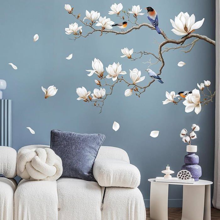 Sticker mural magnolia branche bronze côté droit autocollant fleurs à poser soi-même pour votre pièce à vivre