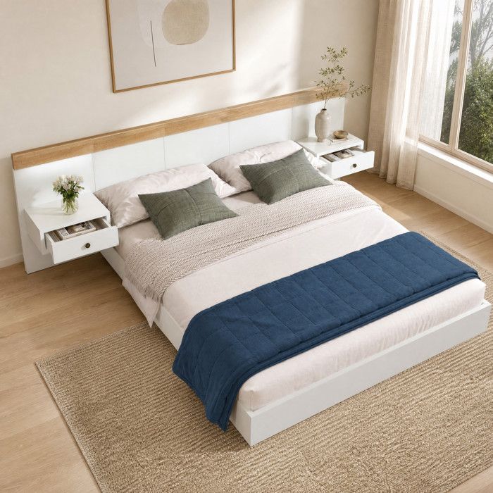 ELVORIN Lit double 160 x 200 cm avec 2 chevets suspendus LED USB USB C prise européenne blanc et chêne Sonoma