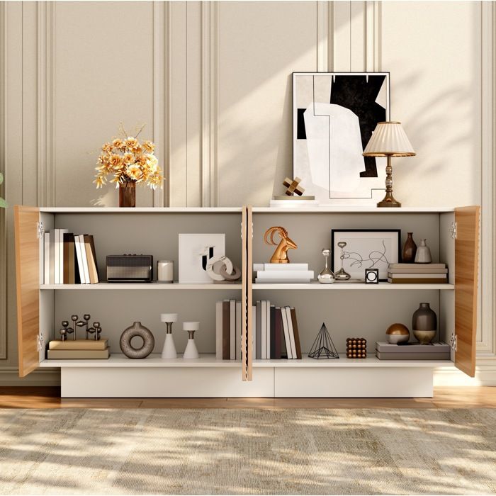 Buffet bas 4 portes rangement avec étagères réglables PB et MDF blanc et naturel