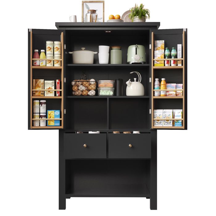 ELVORIN Buffet de cuisine 80 x 40 x 140 cm meuble de rangement avec 2 portes 5 tiroirs paniers amovibles noir