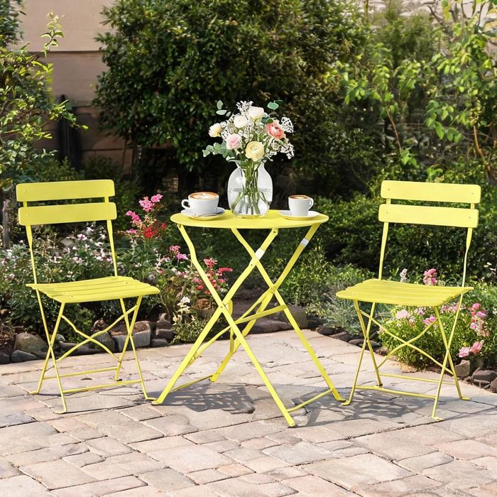 Table bistrot ronde et 2 chaises pliantes jaunes en métal antirouille pour balcon ou terrasse