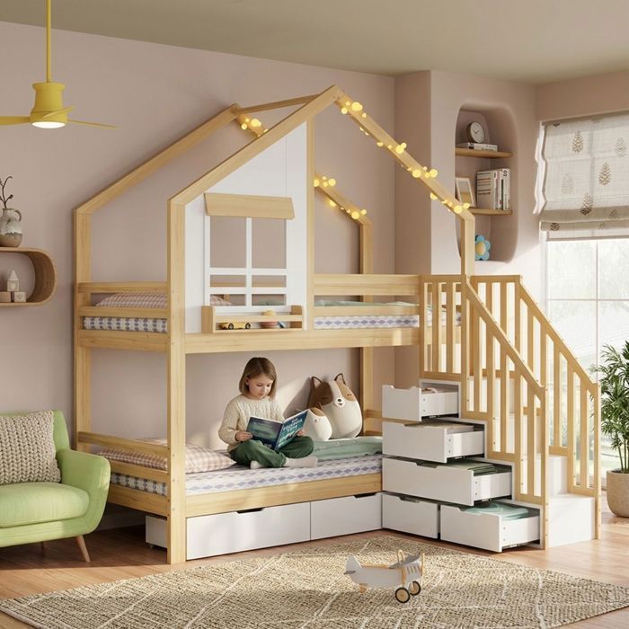 Lit Superposé Cabane90x200 avec Escalier 2 Tiroirs et Rangements - Lit Enfant Fenêtres Décoratives Bois & Blanc Échelle Sécurisée