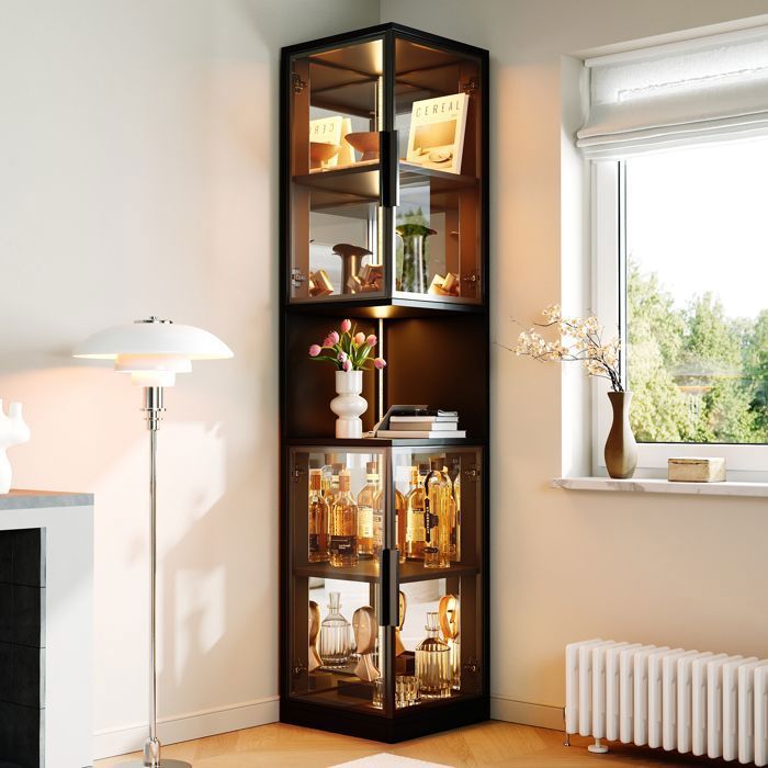 Vitrine LED hauteur 205cm portes à double vitrage panneau arrière miroir avec éclairage changeant et dispositif anti-basculement
