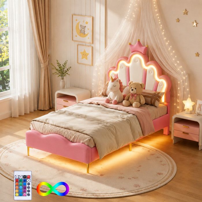 Lit enfant 90x200 cm Pour fille En forme de couronne tête rembourrage doux en cuir PU bande lumineuse ambiante LED réglable Rose