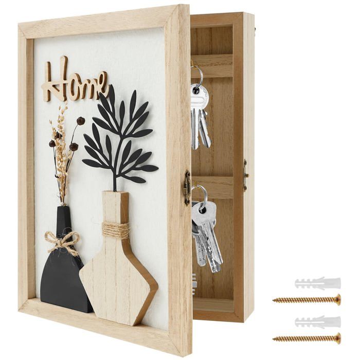Armoire à clés en bois - Boîte à clés avec 6 crochets à clés - Fleurs séchées - Rangement à clés - Mur vintage - Pour ARMOIRE A CLE
