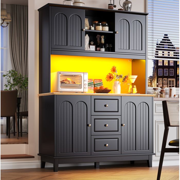 HOMVRA Vaisselier haut LED 120 x 40 x 180 cm 4 portes 3 tiroirs USB noir et naturel