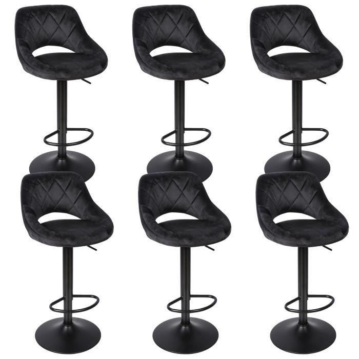 Tabourets de bar noirs en velours - LUXSTORE - Lot de 6 - Réglable en hauteur - Contemporain - Design