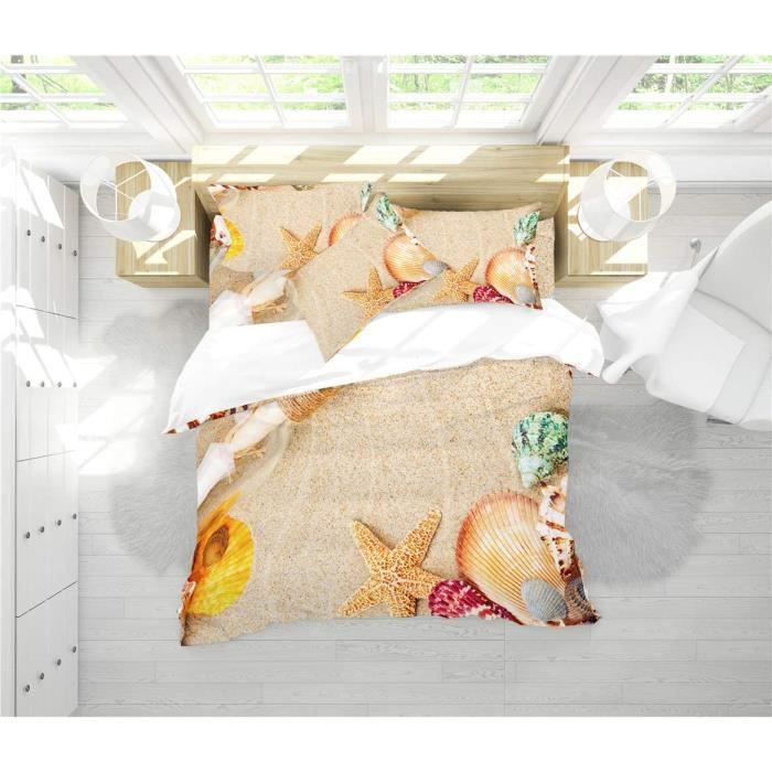 Housse Couette 220x240cm étoiles Mer Parure De Lit Réversible Étoile De Mer Corail Bleu Aquarelle | 220x240 Cm + 2 Taies Housse De Couette