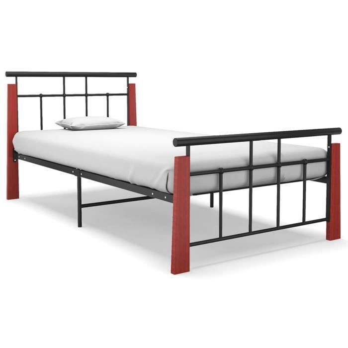 cadre de lit pour adulte enfant sommier à lattes - métal et bois de chêne massif - rouge - svp-moderne