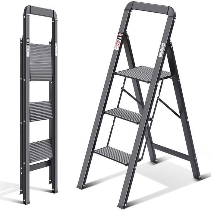 Escabeau 3 marches pliant aluminium avec main courante, Échelle de ménage antidérapante charge maximale 150 kg - noir