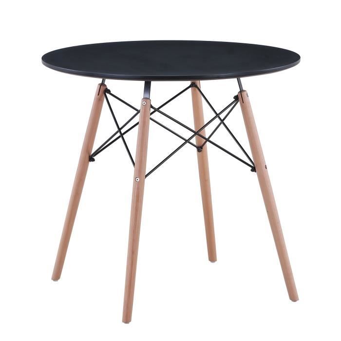 BenyLed Table à manger ronde moderne avec pieds en bois de hêtre et cadre en métal, table de cuisine scandinave, Noir