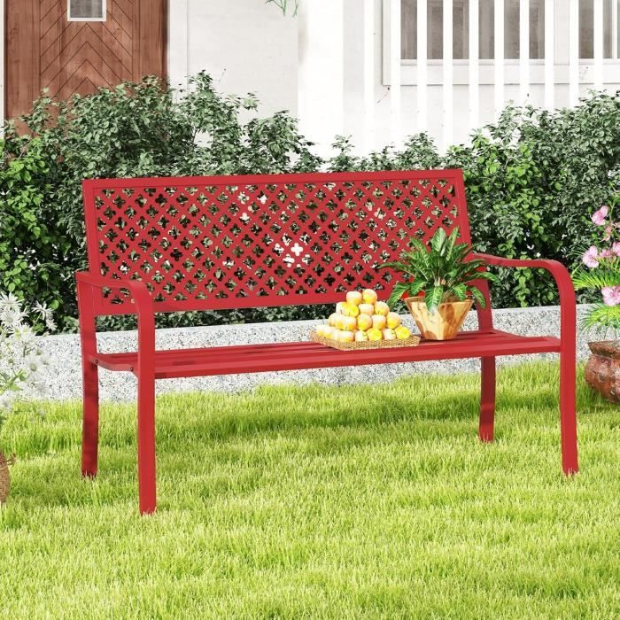 COSTWAY Banc de Jardin Extérieur pour 2 Personnes Dossier Ajouré Siège à Lattes Accoudoirs pour Pelouse Terrasse Parc Rouge