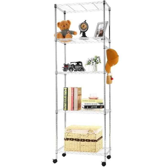 Bibliothèque à 5 Niveaux Etagère de acier avec 4 roues et 2 blocages Argent 59 x 35 x 183cm