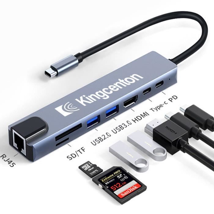 USB-C Multiport Adapter 8 in 1, HDMI 4K, VGA, HDTV, USB 3.0, lecteur SD/TF,  RJ45