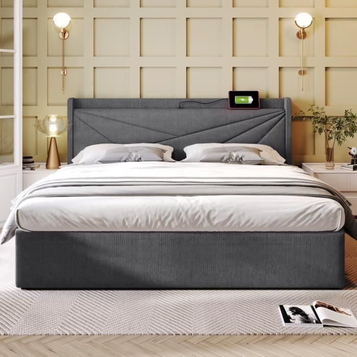 misnode lit coffre 160x200 cm avec chargement usb de type c - gris-scandinave-moderne