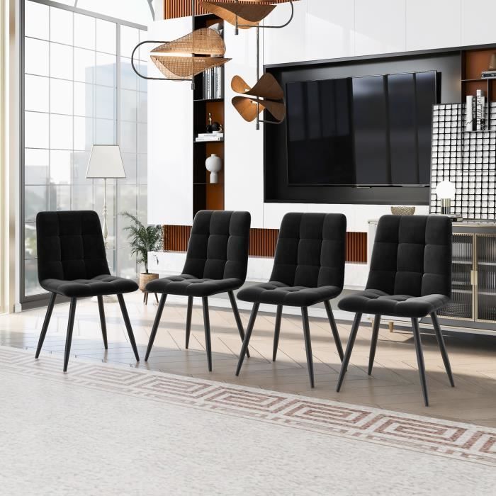 Lot de 4 Chaises de salle à manger style contemporain structure en métal tissu en velours noir