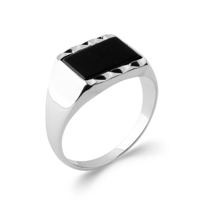 Bague Chevalière Homme Argent 925 Massif - Serti Onyx Noir Et Zircon - Toutes Tailles De 58 à 70