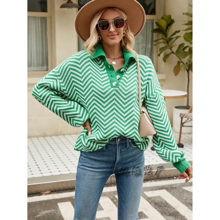 Pull Femme Tricoté À Rayures Manches Longues Hauts Pullover Lâche Col V  Avec Boutons Confortable Automne Hiver Vert