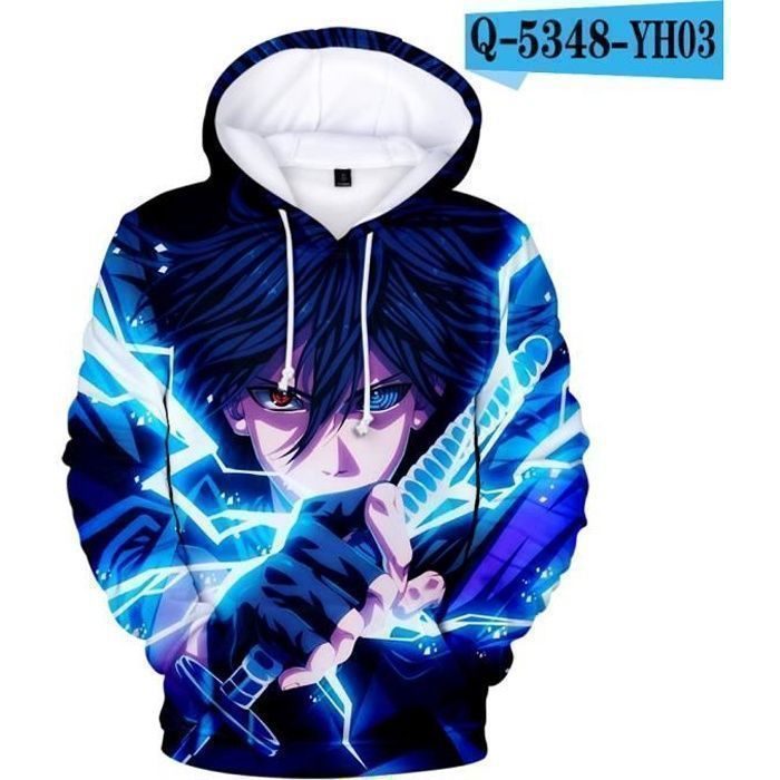 Sweat à Capuche Naruto – Uchiha Sasuke, Noir, Taille L, Imprimé Manga