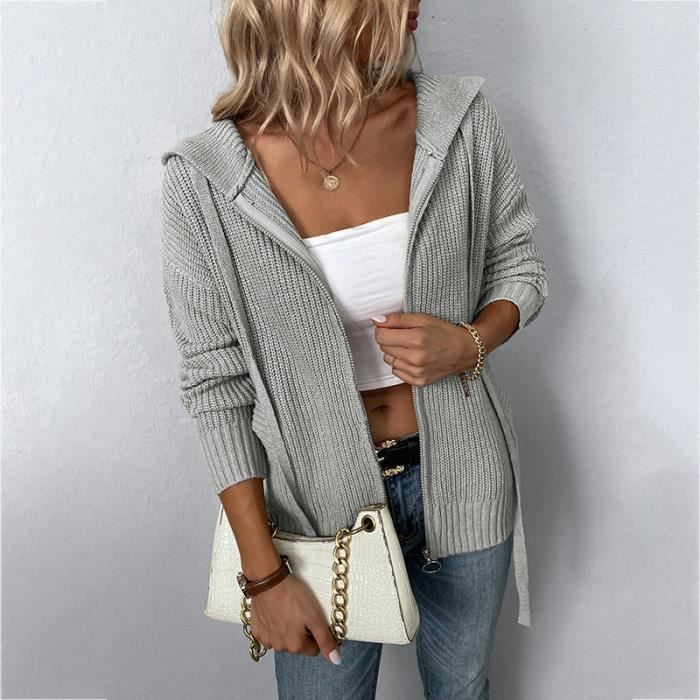 Gilet Zippe Femme à Capuche en Tricot Cardigan Manches Longues Couleur Unie Automne Hiver Gris - Prêt-à-Porter
