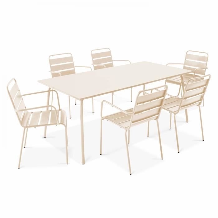 Table de jardin et 6 fauteuils en métal ivoire