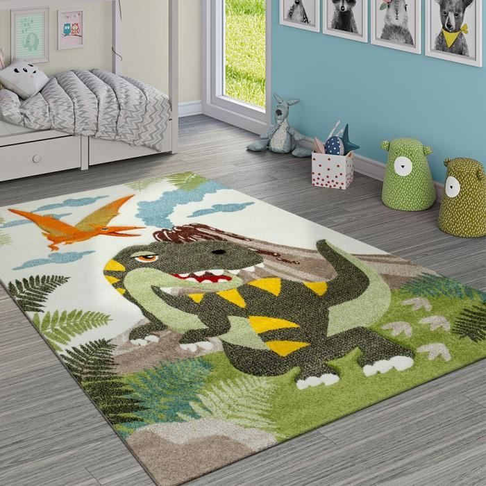 Tapis Chambre Enfant Adorable Dinosaures Jungle Volcan Effet 3-D Poils Ras Vert [80x150 cm]