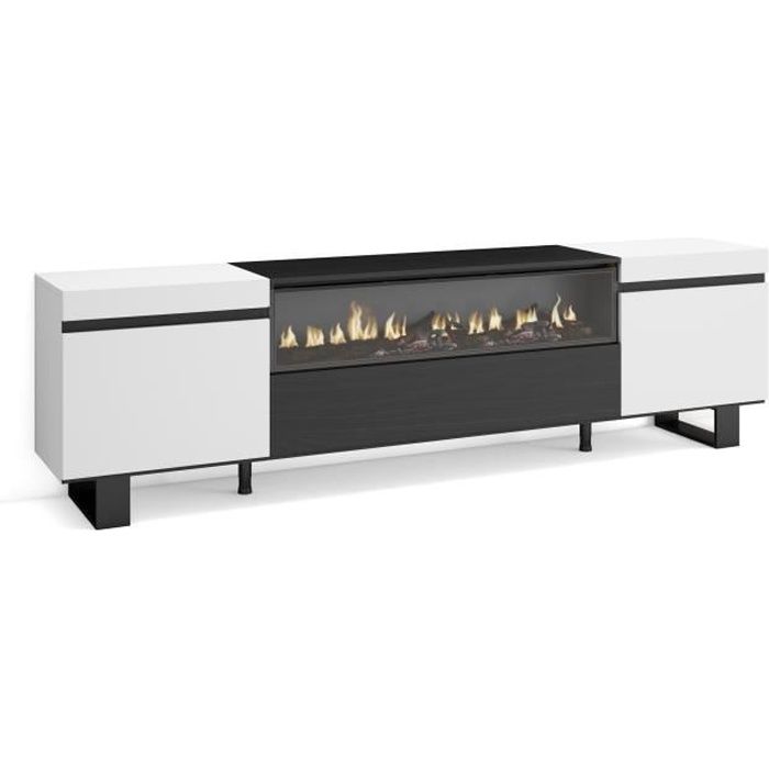 Meuble TV Banc Télé 200x35x57cm Pour TV jusquà 80 feu électrique Design industriel Blanc et noir RF2206 Meuble TV Banc Télé 200x35x57cm Pour TV jusquà 80 feu électrique Design industriel Blanc et noir RF2206