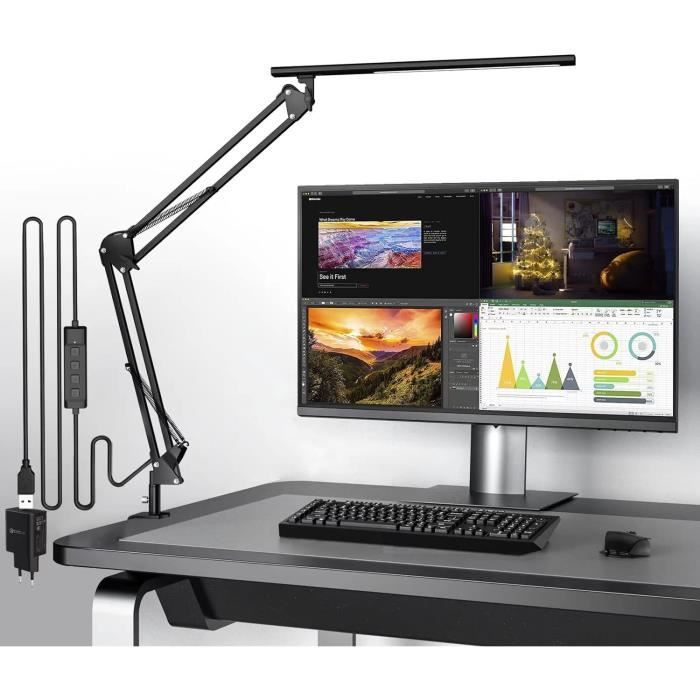 Lampe De Bureau LED Architecte Avec Pince – 3 Températures, 10 Niveaux Luminosité, Protection Yeux, Noir Mat