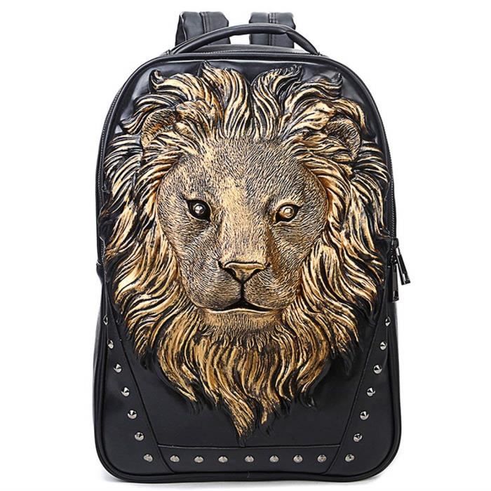 Lionhead Sac à Dos Voyage Sac de Ordinateur Silicone 3D Cuir PU Sport Camping Randonnée Collège Or Idéal pour cadeau de Noël