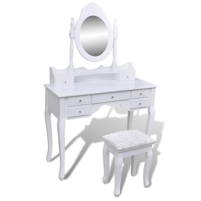 coiffeuse avec miroir et tabouret 7 tiroirs blanc - vidaxl - romantique - meuble de chambre