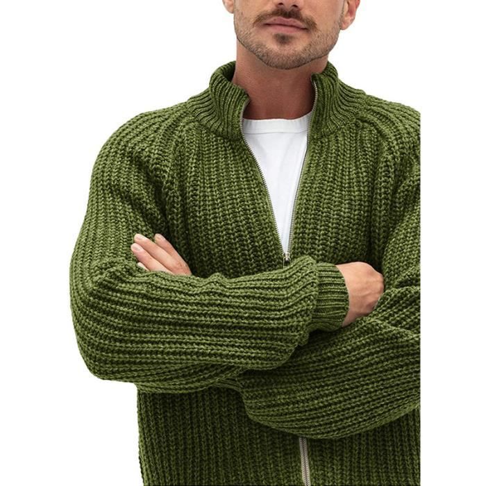 Gilet Homme Chaud Automne Hiver En Tricot Cardigan Epais Col Montant Manches Longues Couleur Constraste - Gris Foncé Gris Foncé - Prêt-à-Porter