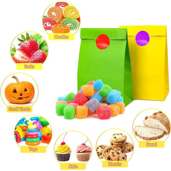 Lot De 20 Sacs De Fête Colorés En Papier Kraft Avec Autocollants, Fond Plat, Sac Cadeau à Rayures, Sacs à Bonbons Pour Enfants Et Adultes, Fête, Anniversaire, Mariage