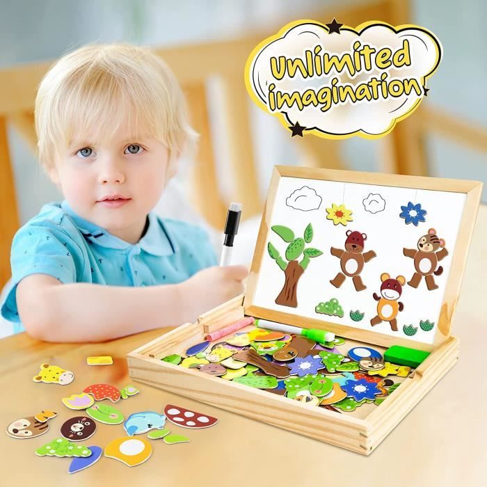 COOLJOY Puzzles Enfant en Bois Magnétique, Jigsaw avec Tableau Noir de  Chevalet à Double Face Jouets