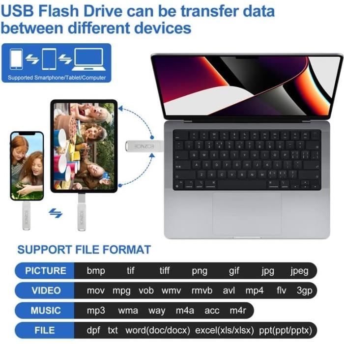 Clé USB GENERIQUE Ixflash 256 Go iPhone Mémoire Flash USB 3.0 Flash Drive  avec MFI Lightning iOS Jump Drive USB pour iPhone iPad Mac Mémoire de  Stocka