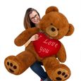Deuba Ours en peluche brun XL 100cm nounours avec coussin coeur rouge "I love you" jouet cadeau-0