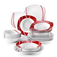 MALACASA Série FELISA, 24 pièces Service de Table Complet en Porcelaine, Motif à rayures blanches et rouges pour 6 Personnes