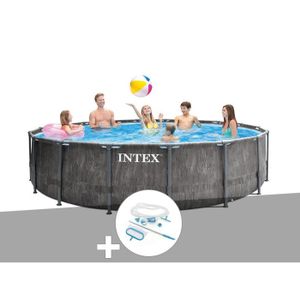 PISCINE Kit piscine tubulaire Intex Baltik ronde 5,49 x 1,22 m + Kit d'entretien Gris Effet Bois
