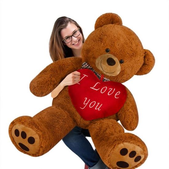 Deuba Ours en peluche brun XL 100cm nounours avec coussin coeur rouge "I love you" jouet cadeau