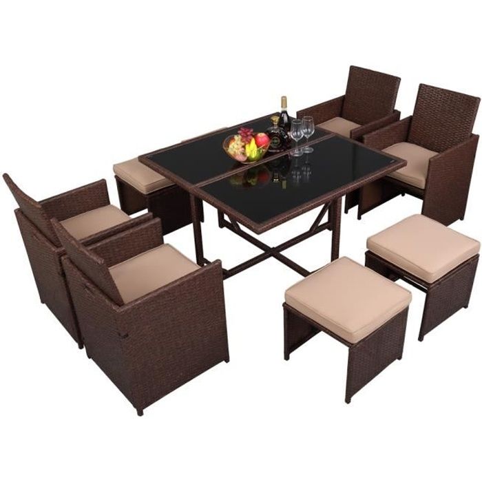 Salon de jardin encastrable 1 table et 8 fauteuils en résine tressée - Plateau verre