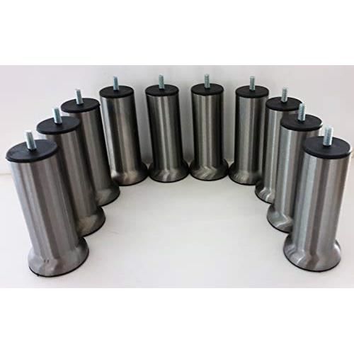 10 Pieds de Lit, Sommier Tapissier en Acier Finition Inox Brossé 15 cm avec Socle Vis Fileté M8