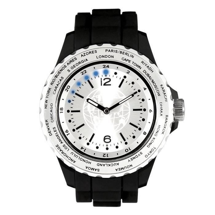 Montre bracelet Homme LED World Time - 24 zones du monde - Aluminium brossé